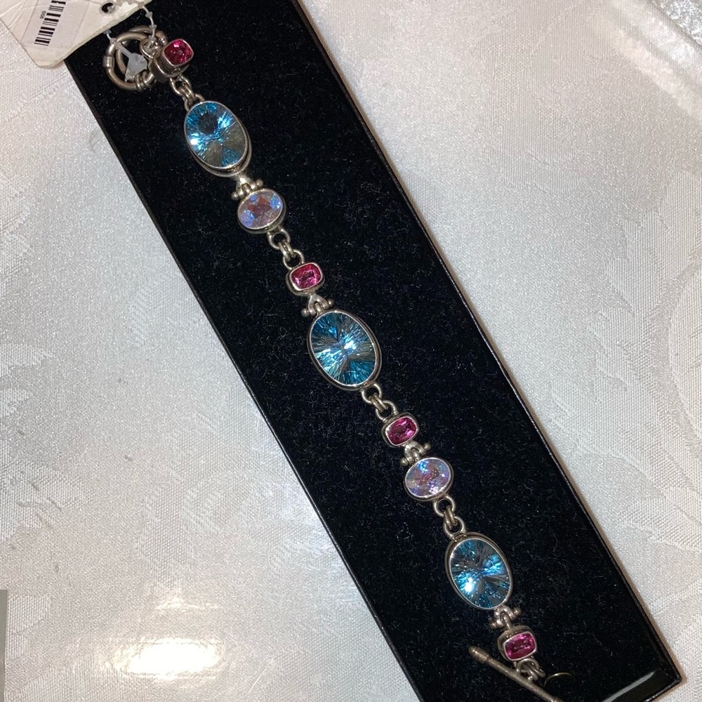 925 STERLING SILVER BRACELET WITH GENUINE GEMSTONES Pink/Blue, 7-7.5”NWT